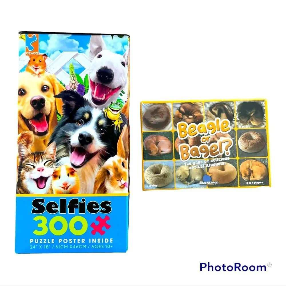 Pet Lover’s Fun! Pet Selfie 300 piece Puzzle and Beagle or Bagel Game- New